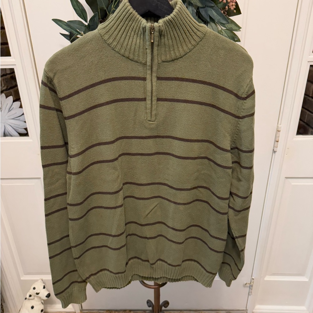 Arrow Army Green Stripe Quarter Zip Knit Pullover Sweater L